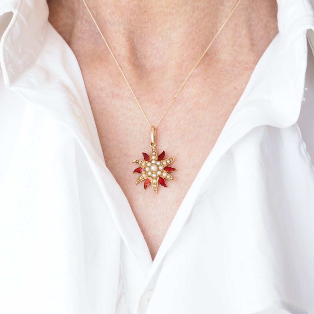 Antique Victorian Pearl Star Pendant Necklace with Red Enamel 15K Gold - c.1900 View V
