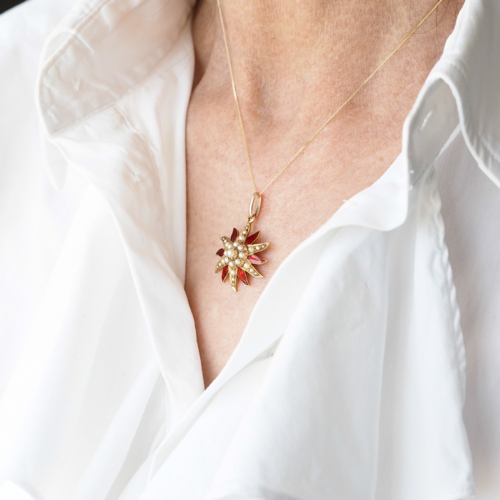 Antique Victorian Pearl Star Pendant Necklace with Red Enamel 15K Gold - c.1900 View VI