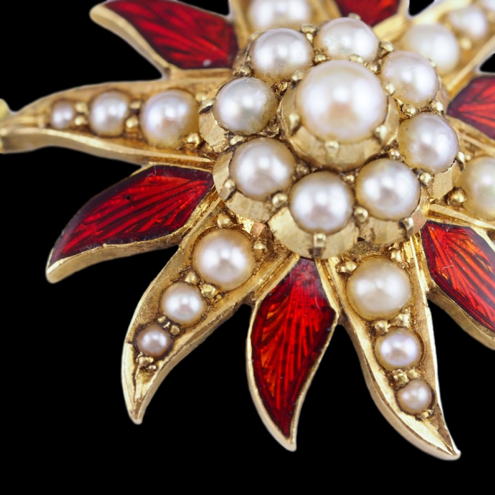Antique Victorian Pearl Star Pendant Necklace with Red Enamel 15K Gold - c.1900 View VII