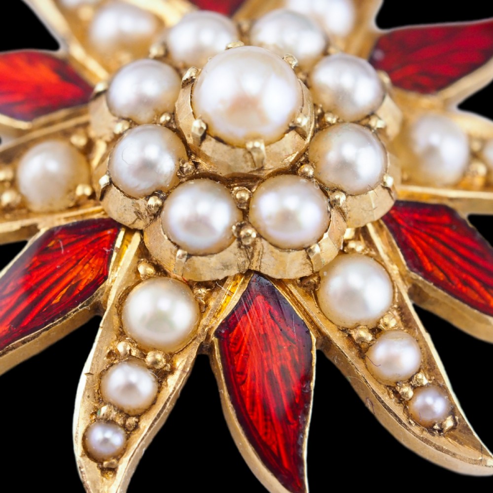 Antique Victorian Pearl Star Pendant Necklace with Red Enamel 15K Gold - c.1900 View VIII
