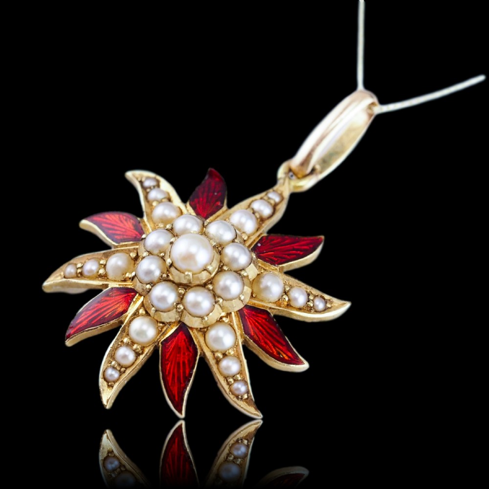 Antique Victorian Pearl Star Pendant Necklace with Red Enamel 15K Gold - c.1900 View IX