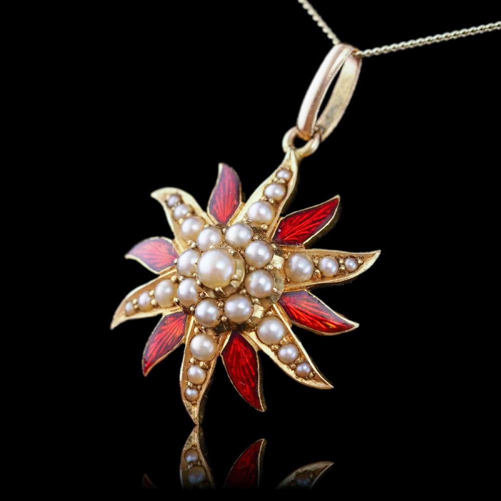 Antique Victorian Pearl Star Pendant Necklace with Red Enamel 15K Gold - c.1900 View XI
