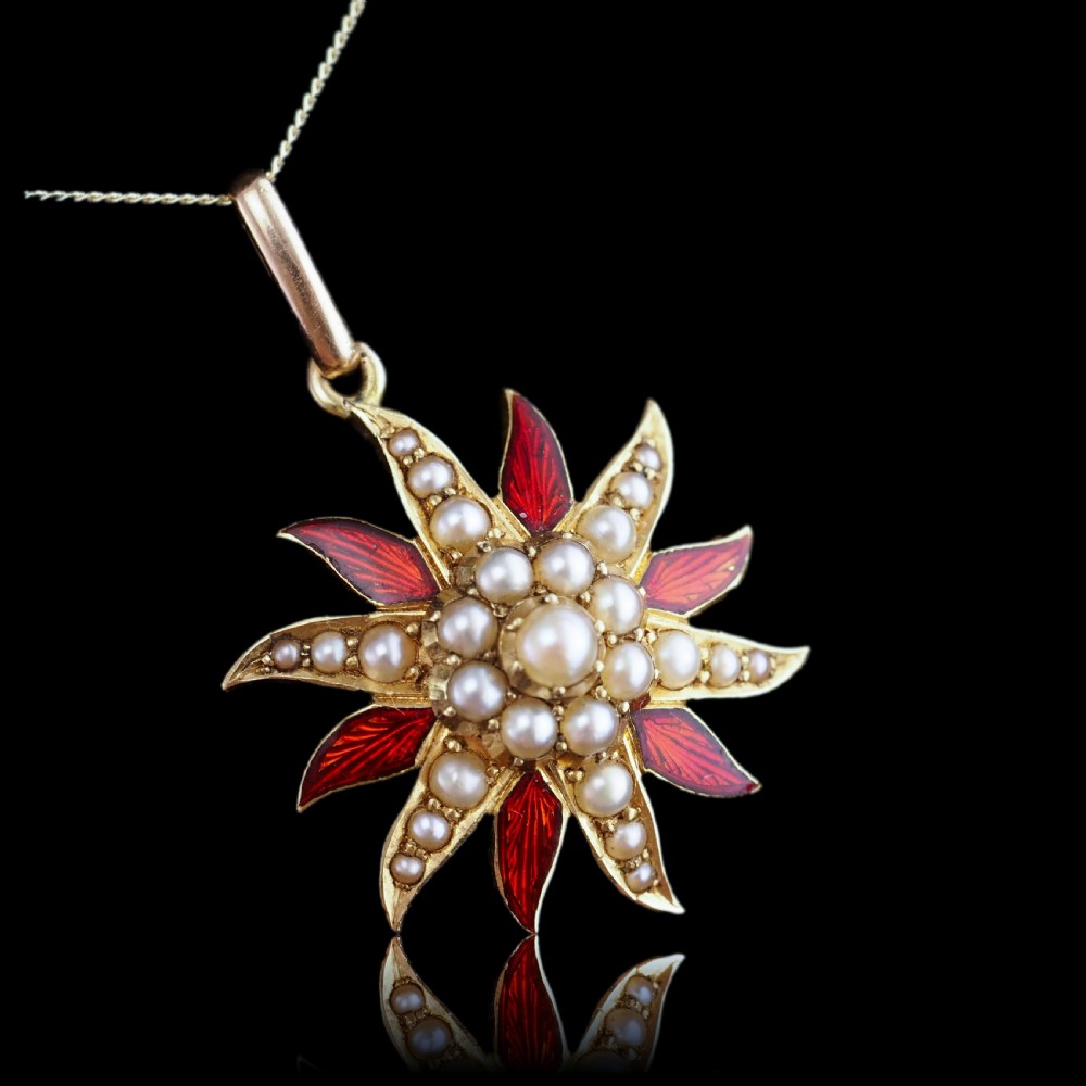 Antique Victorian Pearl Star Pendant Necklace with Red Enamel 15K Gold - c.1900 View XII