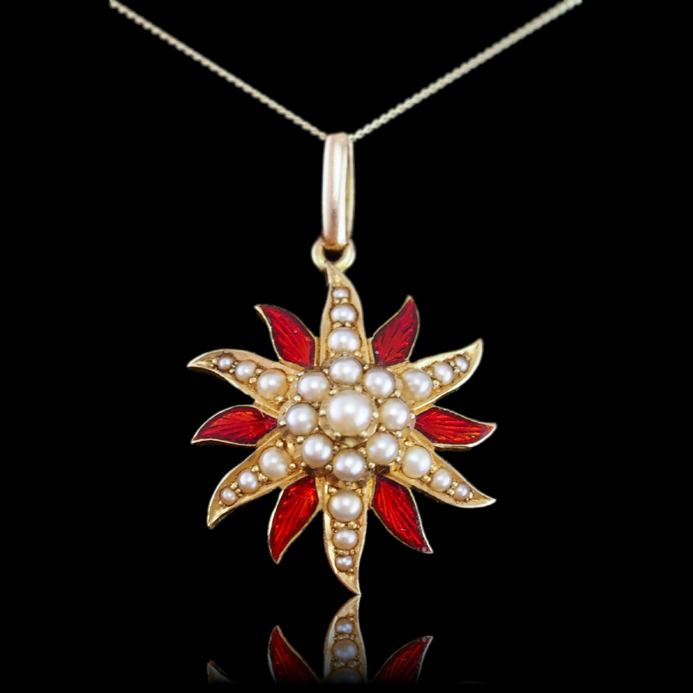 Antique Victorian Pearl Star Pendant Necklace with Red Enamel 15K Gold - c.1900 View XIII