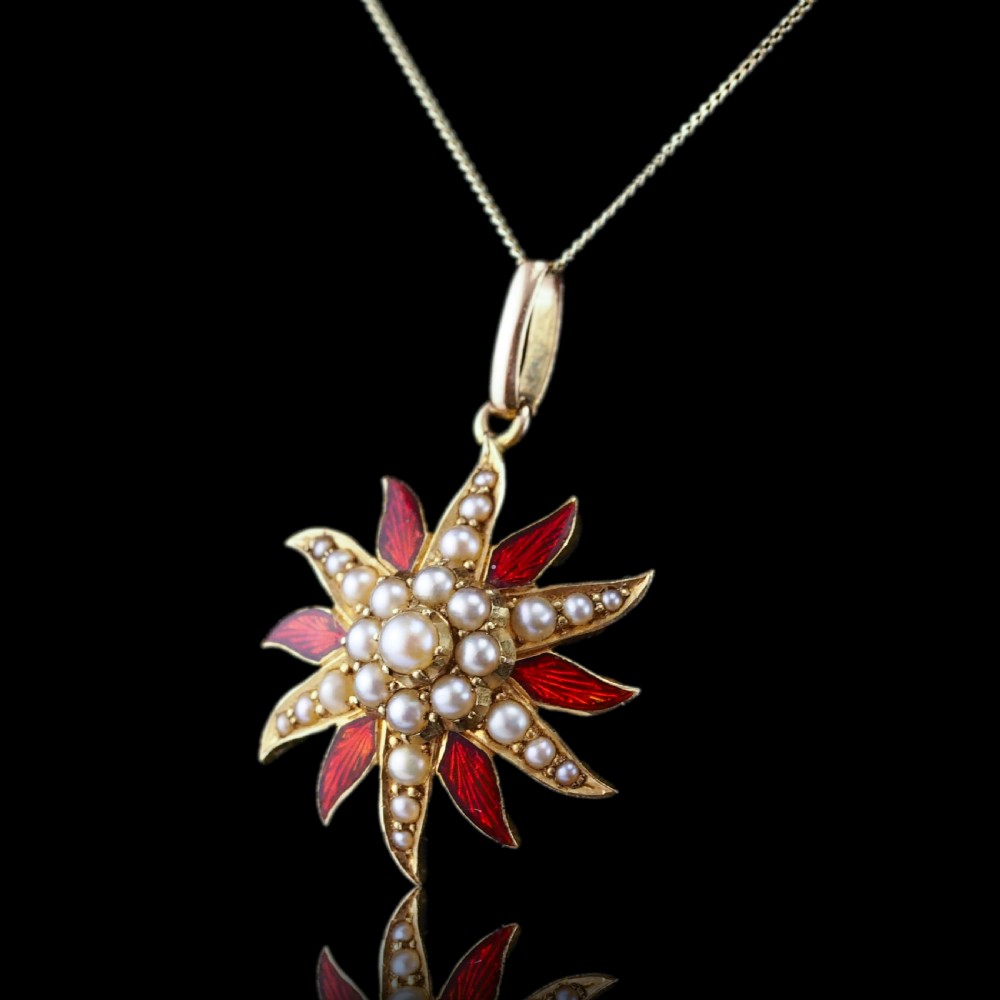 Antique Victorian Pearl Star Pendant Necklace with Red Enamel 15K Gold - c.1900 View XIV