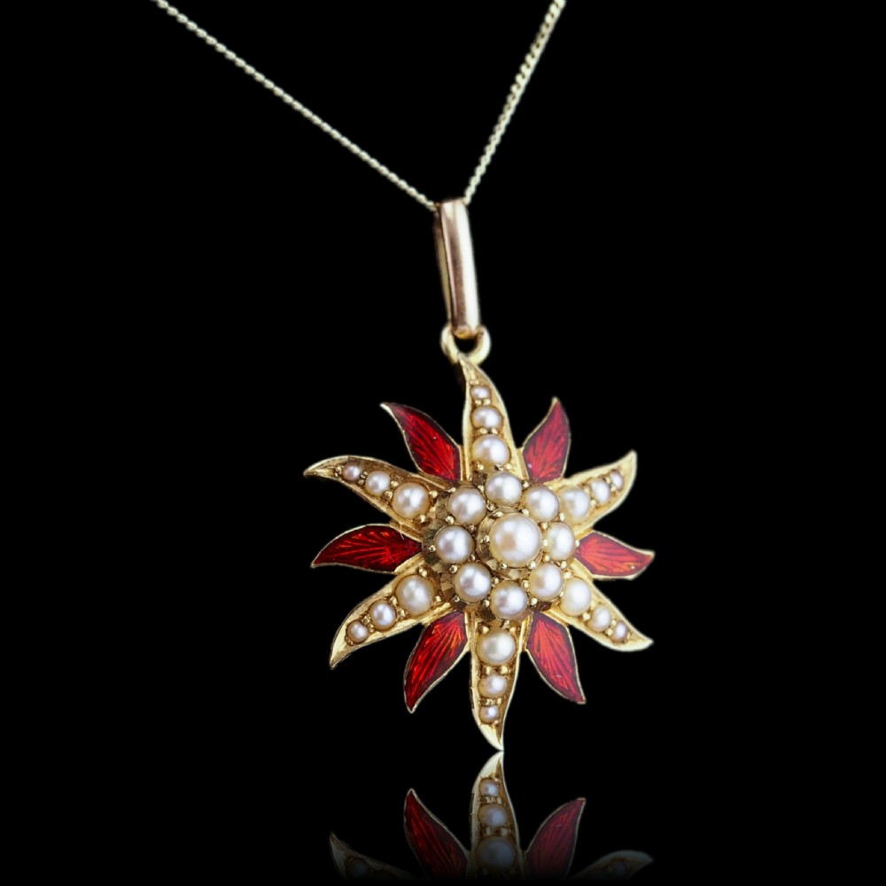 Antique Victorian Pearl Star Pendant Necklace with Red Enamel 15K Gold - c.1900 View XV