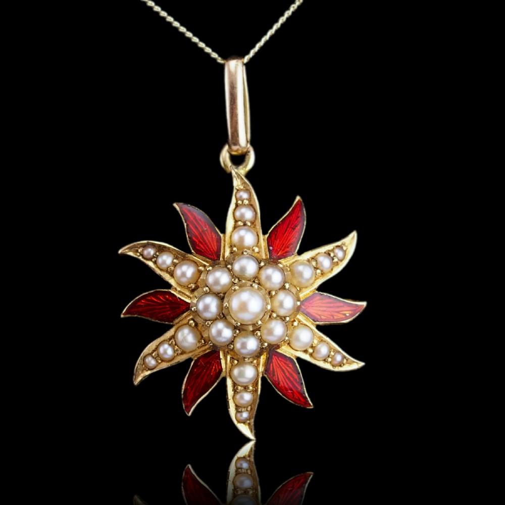 Antique Victorian Pearl Star Pendant Necklace with Red Enamel 15K Gold - c.1900 View XVI