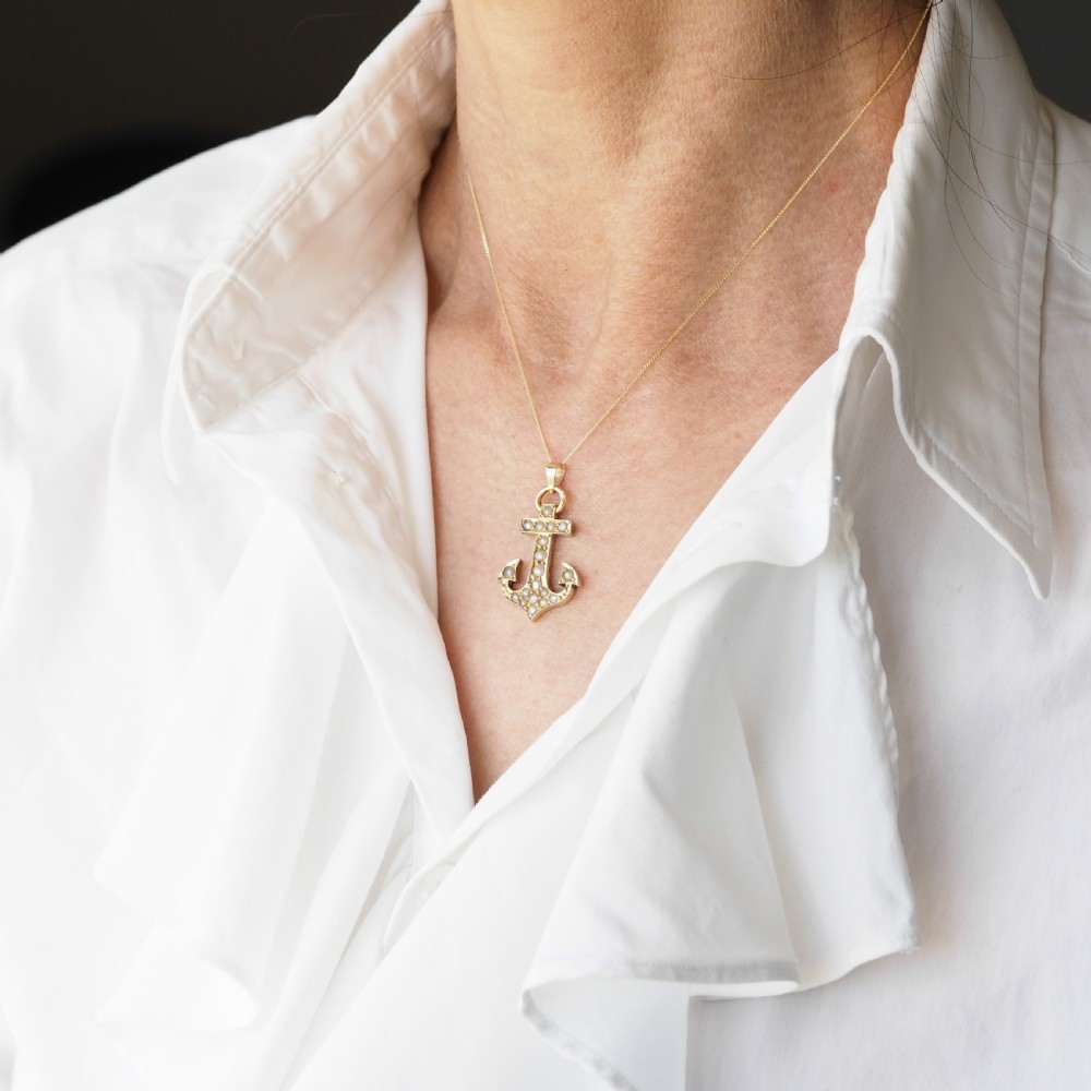Antique Victorian Pearl Anchor Pendant Necklace 15K Gold - c.1900 View V