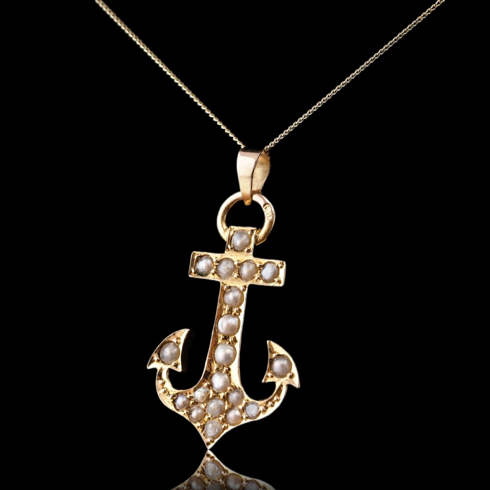 Antique Victorian Pearl Anchor Pendant Necklace 15K Gold - c.1900 View VII