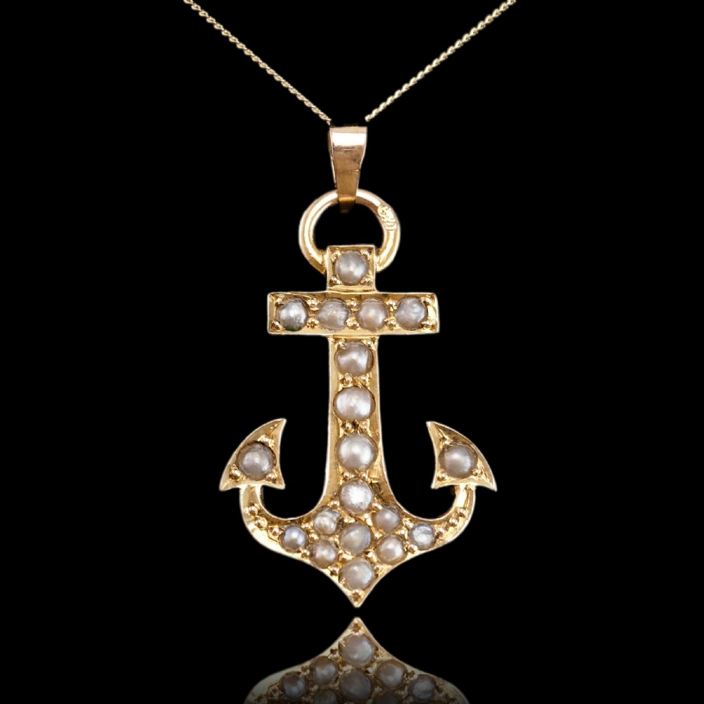 Antique Victorian Pearl Anchor Pendant Necklace 15K Gold - c.1900 View VIII