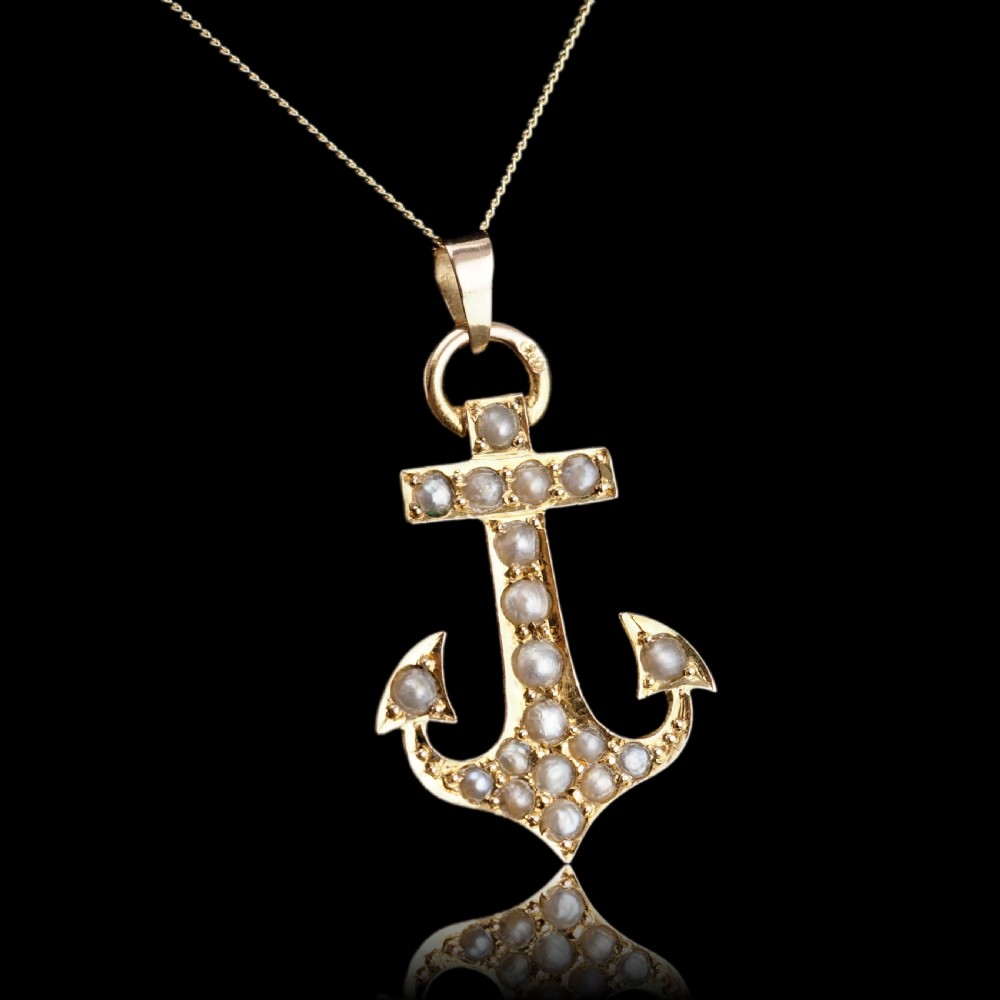 Antique Victorian Pearl Anchor Pendant Necklace 15K Gold - c.1900 View IX