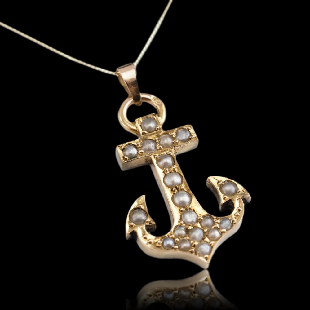 Antique Victorian Pearl Anchor Pendant Necklace 15K Gold - c.1900 View X