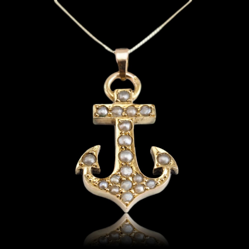 Antique Victorian Pearl Anchor Pendant Necklace 15K Gold - c.1900 View XI