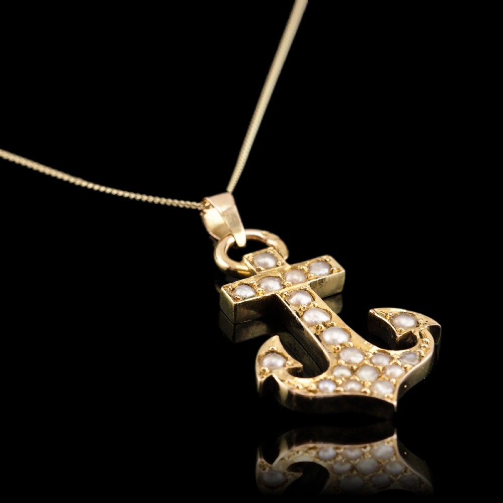 Antique Victorian Pearl Anchor Pendant Necklace 15K Gold - c.1900 View XII