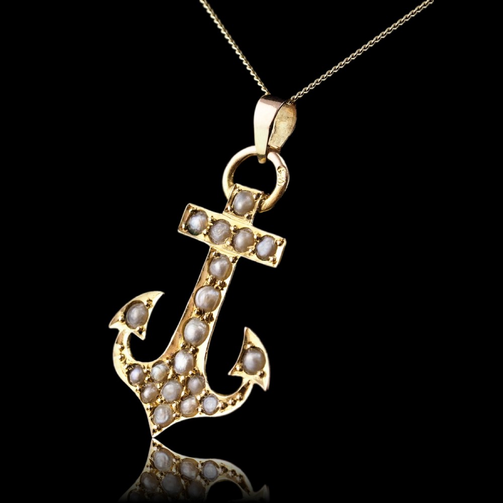 Antique Victorian Pearl Anchor Pendant Necklace 15K Gold - c.1900 View XIV