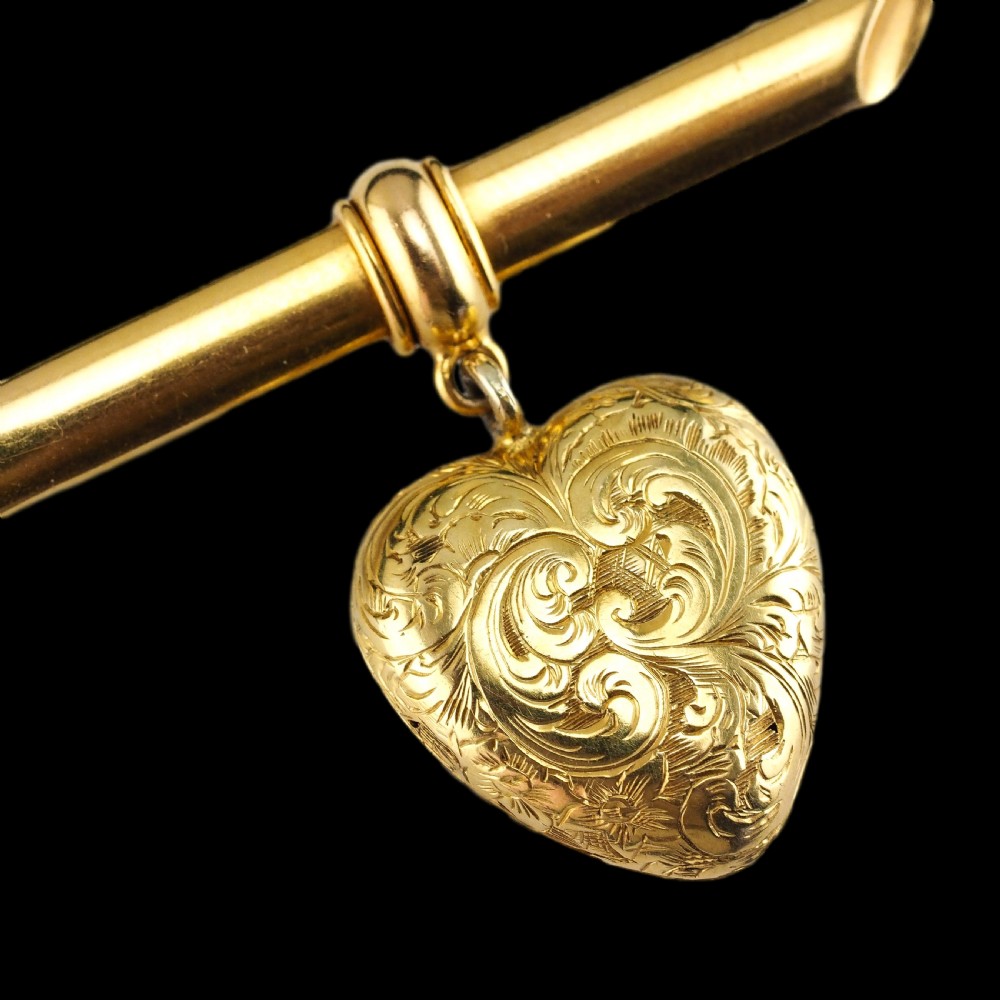 Antique Victorian 'Puffy' Heart Brooch 18K Gold with Wonderful Engravings c.1890