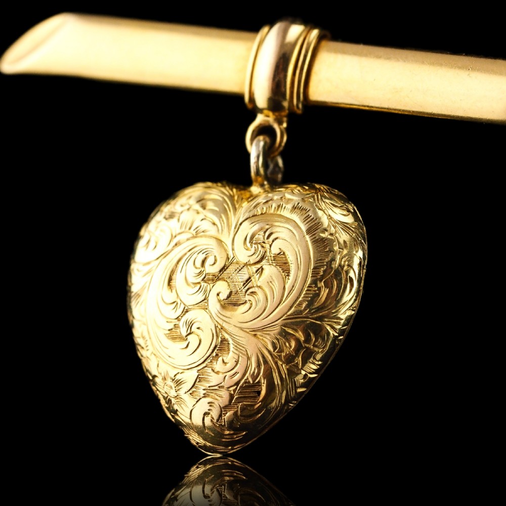 Antique Victorian 'Puffy' Heart Brooch 18K Gold with Wonderful Engravings c.1890 View X