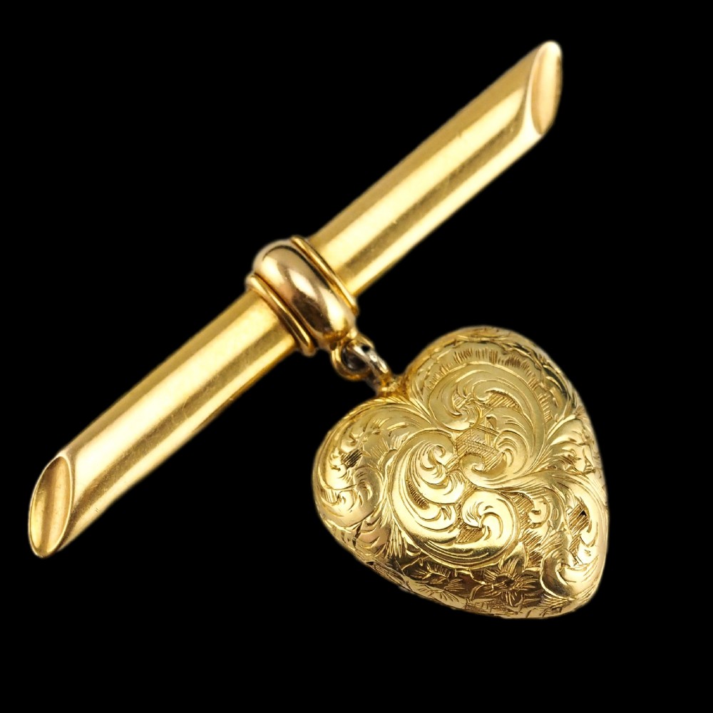 Antique Victorian 'Puffy' Heart Brooch 18K Gold with Wonderful Engravings c.1890 View XIV