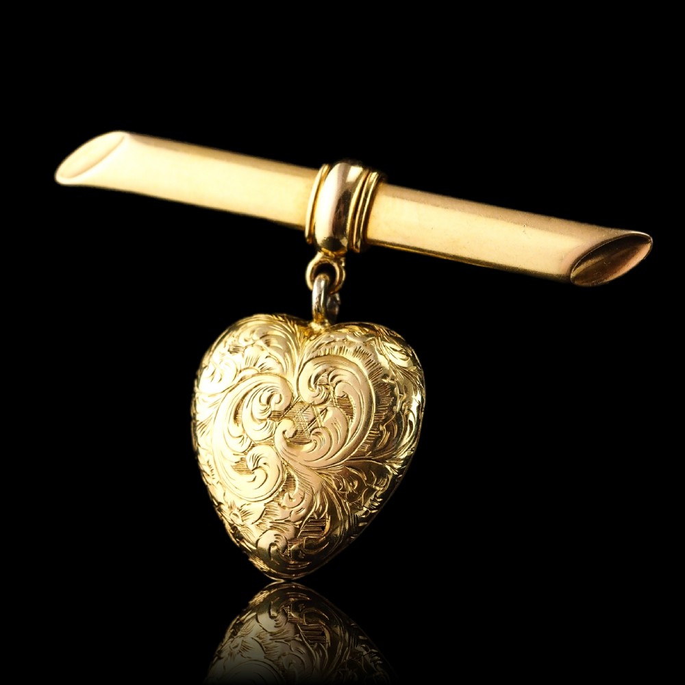 Antique Victorian 'Puffy' Heart Brooch 18K Gold with Wonderful Engravings c.1890 View XV