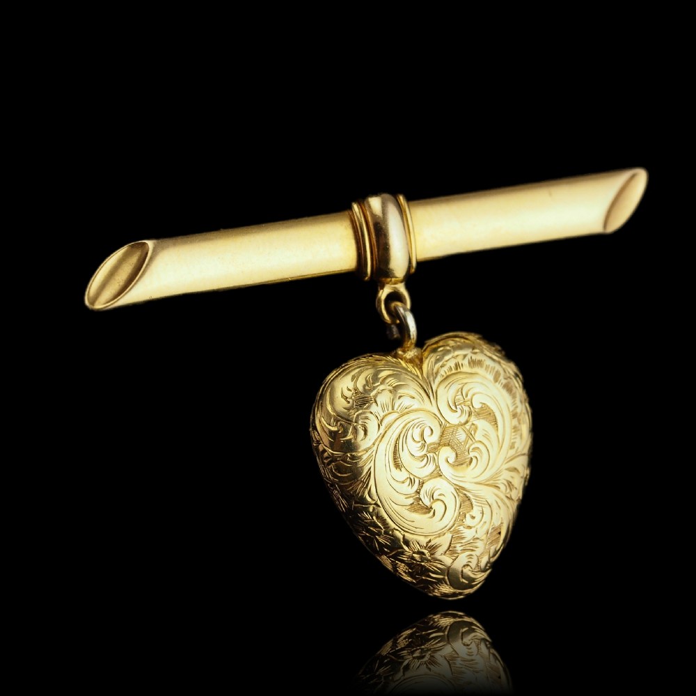 Antique Victorian 'Puffy' Heart Brooch 18K Gold with Wonderful Engravings c.1890 View XVI