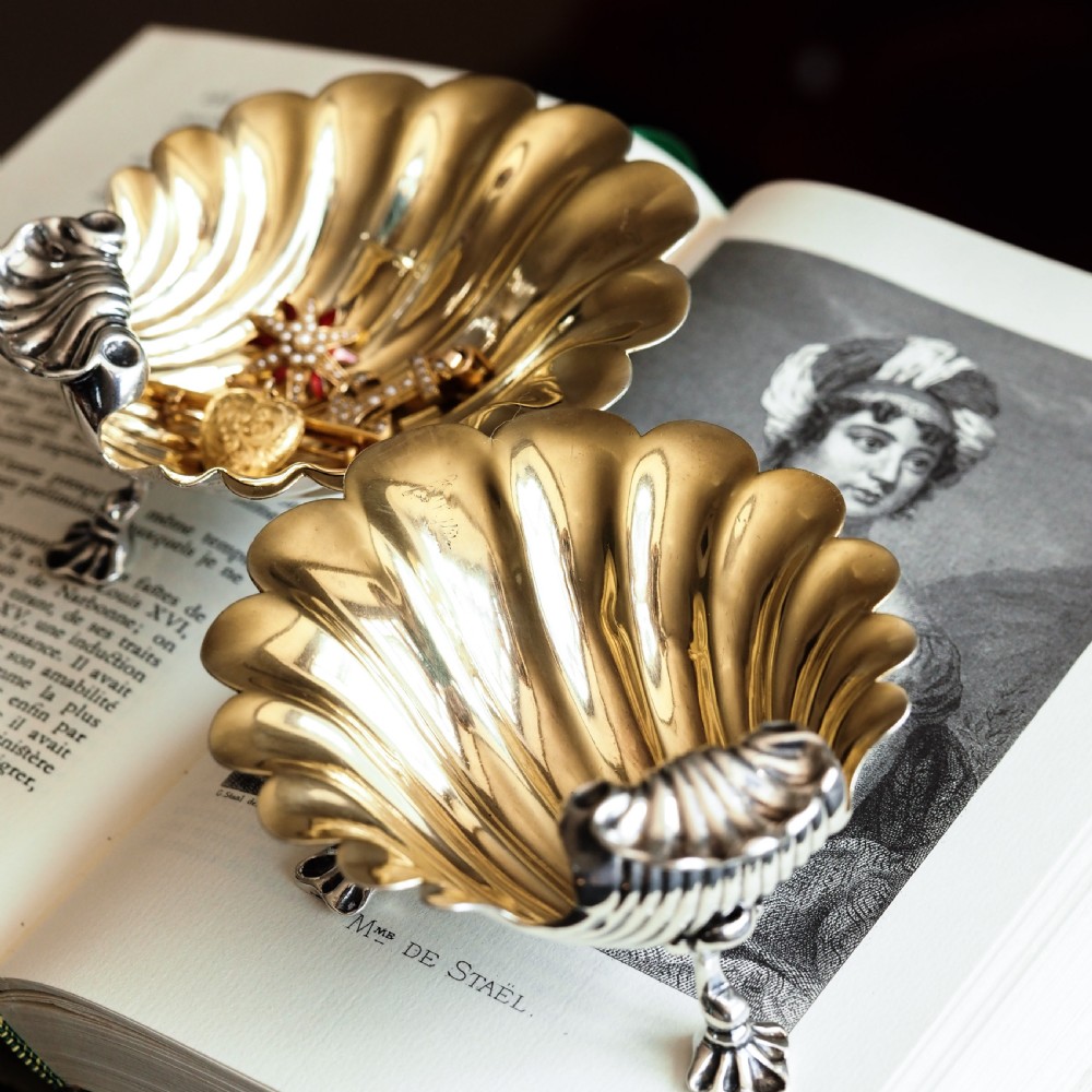 Antique Georgian Solid Silver Shell Salt/Butter Dishes Pair Rococo & Scalloped - London 1755 View III