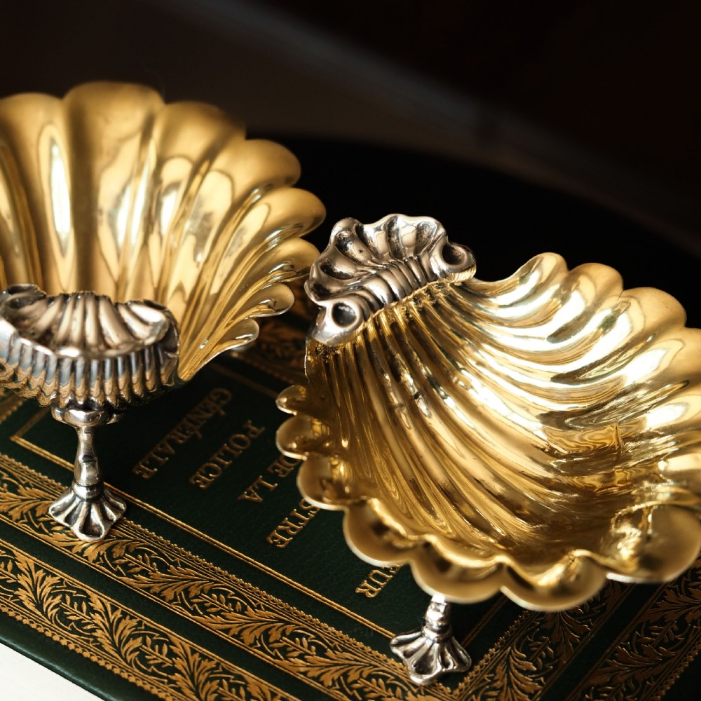 Antique Georgian Solid Silver Shell Salt/Butter Dishes Pair Rococo & Scalloped - London 1755 View V