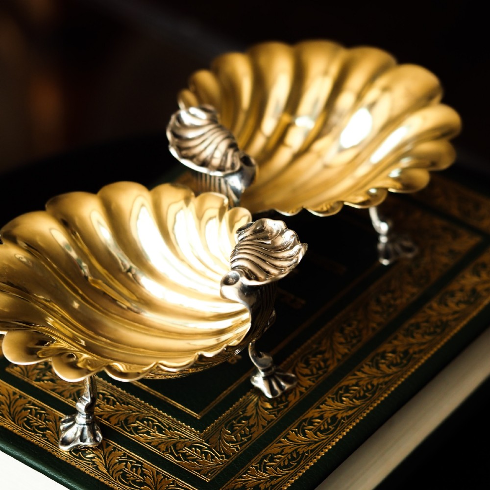 Antique Georgian Solid Silver Shell Salt/Butter Dishes Pair Rococo & Scalloped - London 1755 View VI
