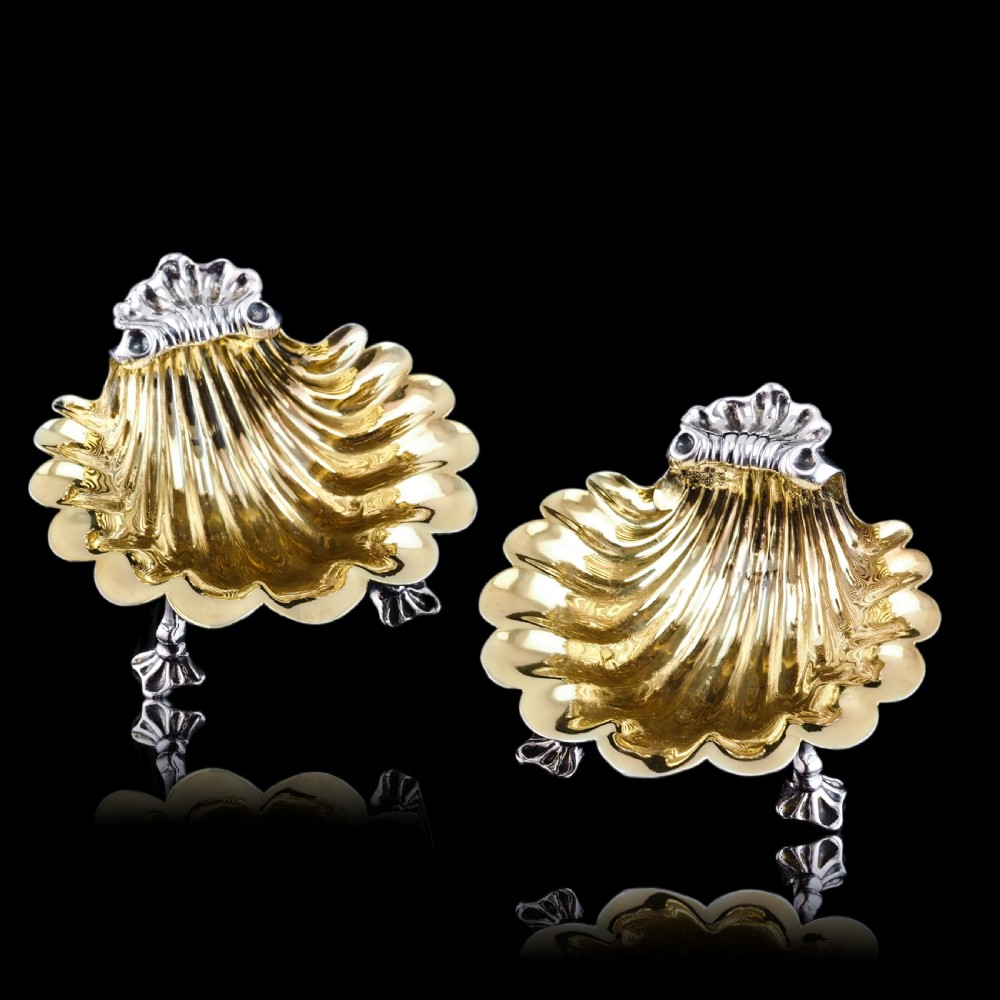 Antique Georgian Solid Silver Shell Salt/Butter Dishes Pair Rococo & Scalloped - London 1755 View VIII