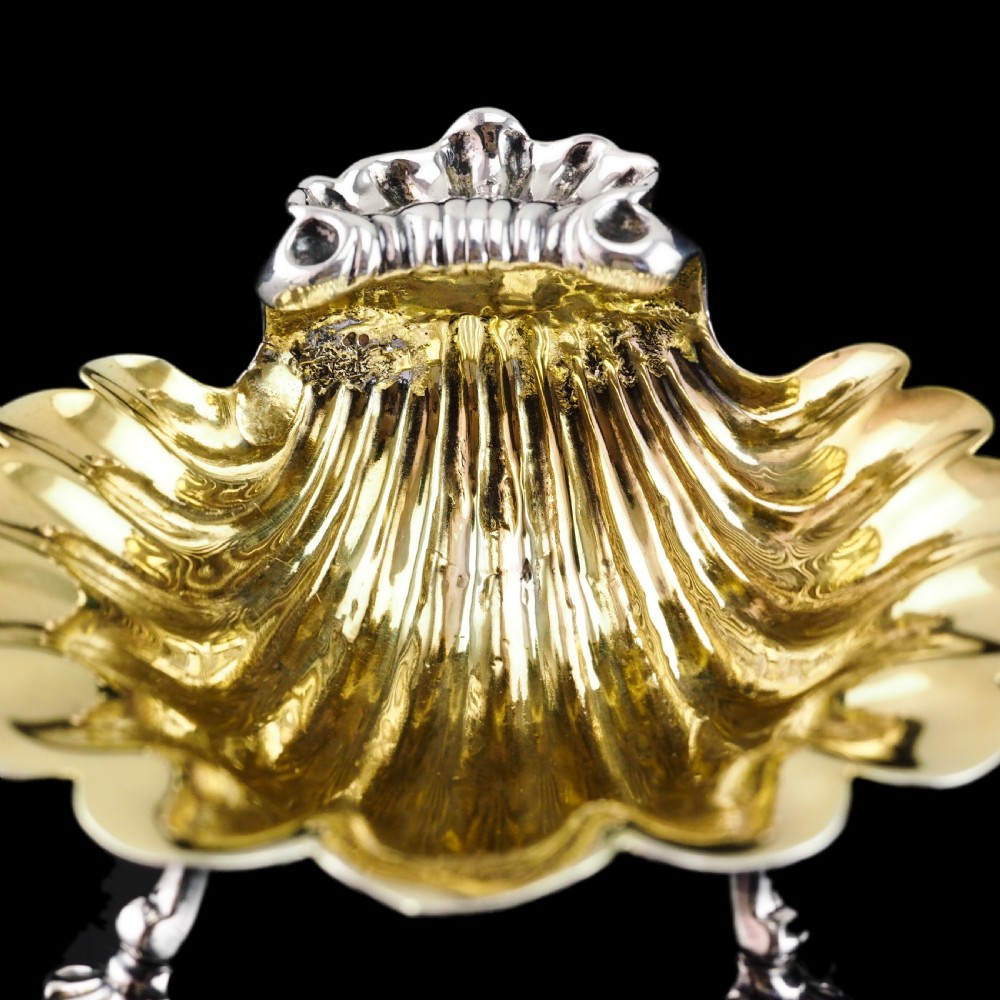 Antique Georgian Solid Silver Shell Salt/Butter Dishes Pair Rococo & Scalloped - London 1755 View X