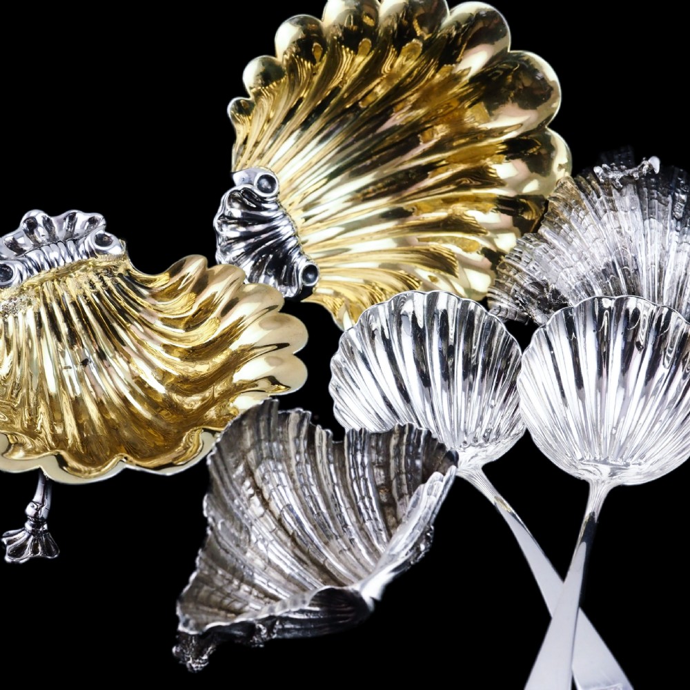 Antique Georgian Solid Silver Shell Salt/Butter Dishes Pair Rococo & Scalloped - London 1755 View XVIII