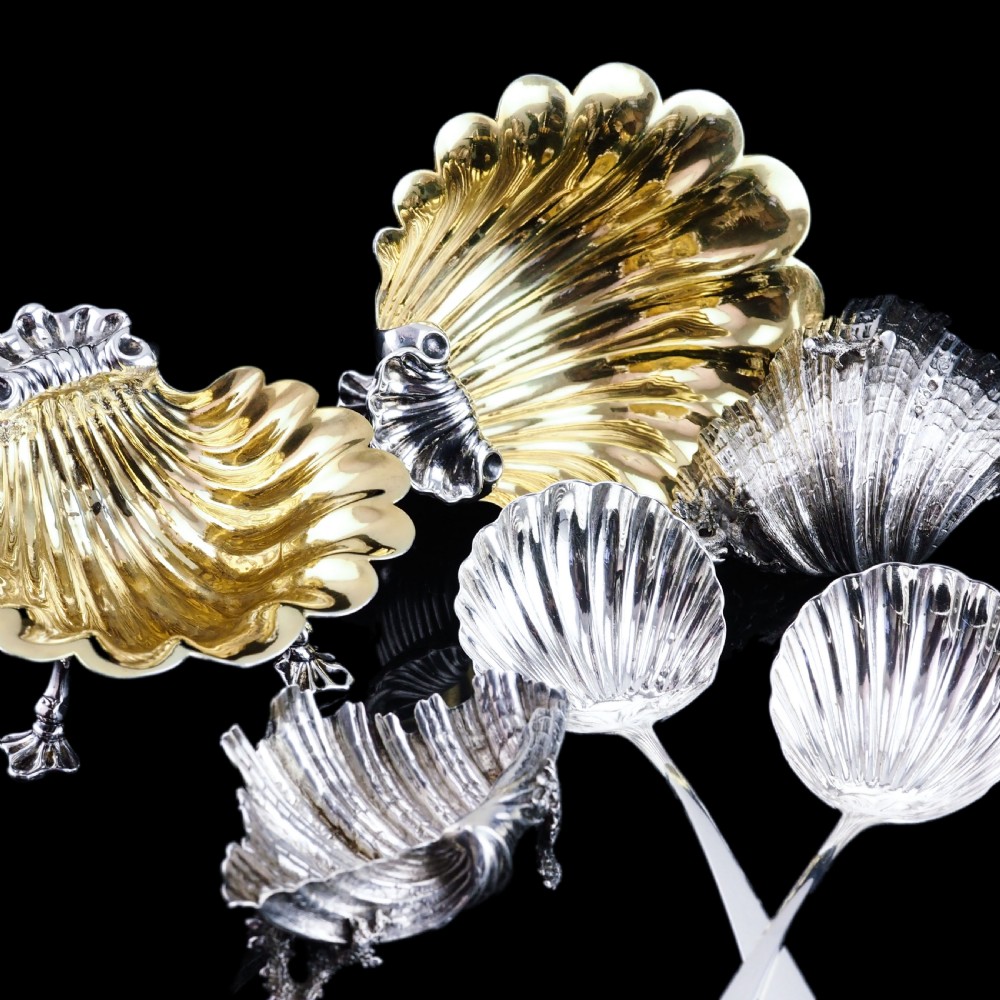 Antique Georgian Solid Silver Shell Salt/Butter Dishes Pair Rococo & Scalloped - London 1755 View XX