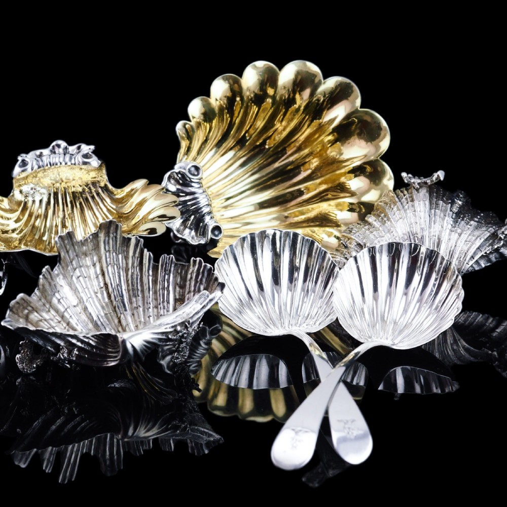 Antique Georgian Solid Silver Shell Salt/Butter Dishes Pair Rococo & Scalloped - London 1755 View XXVI