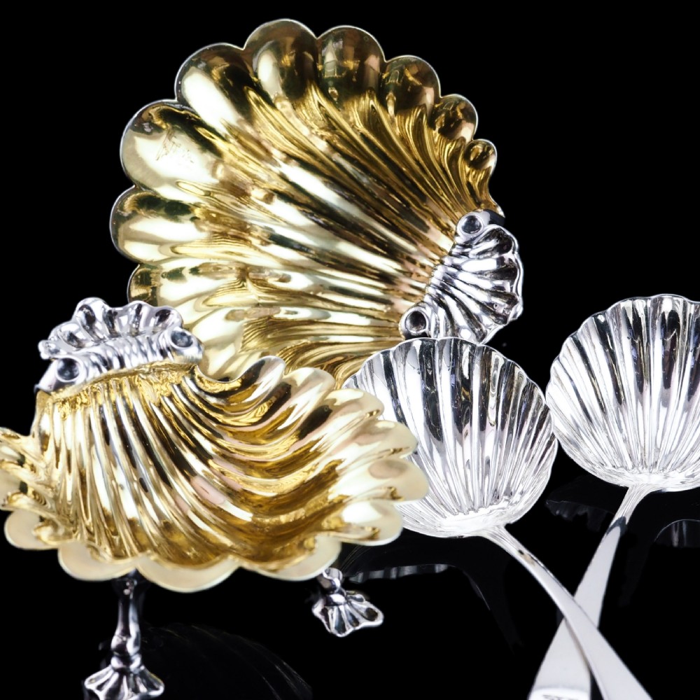 Antique Georgian Solid Silver Shell Salt/Butter Dishes Pair Rococo & Scalloped - London 1755 View XXVII