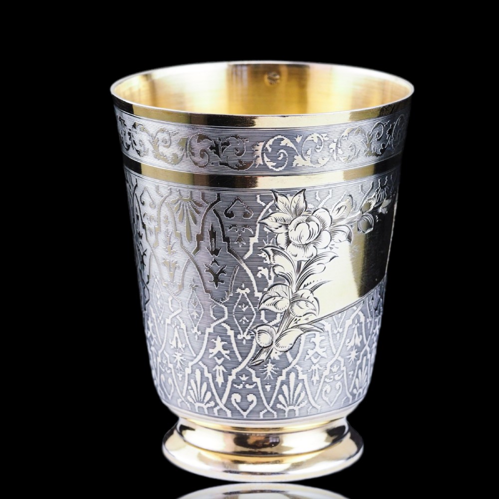 Antique French Solid Silver Parcel Gilt Beaker Cup, Engine Turned & Engraved 19th c.