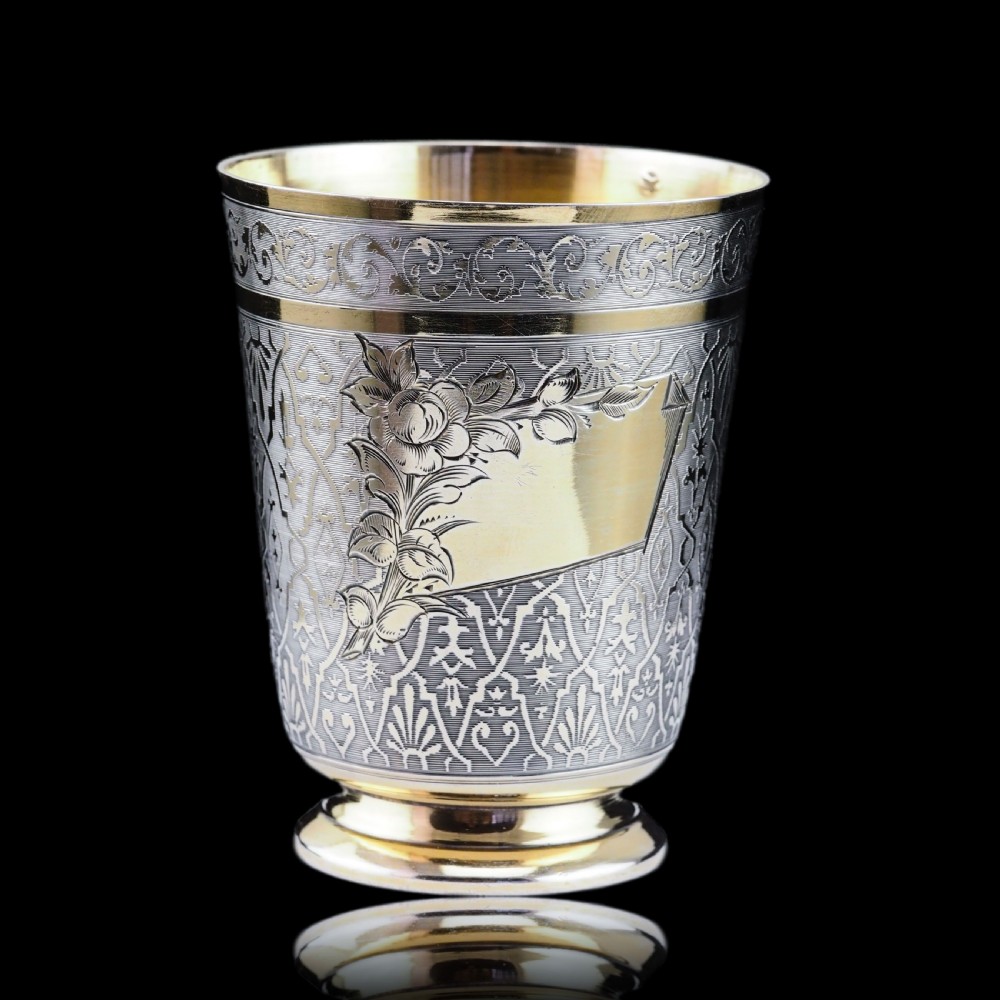 Antique French Solid Silver Parcel Gilt Beaker Cup, Engine Turned & Engraved 19th c. View II