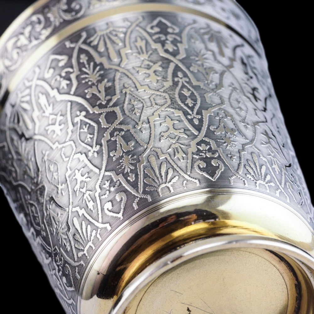 Antique French Solid Silver Parcel Gilt Beaker Cup, Engine Turned & Engraved 19th c. View VI