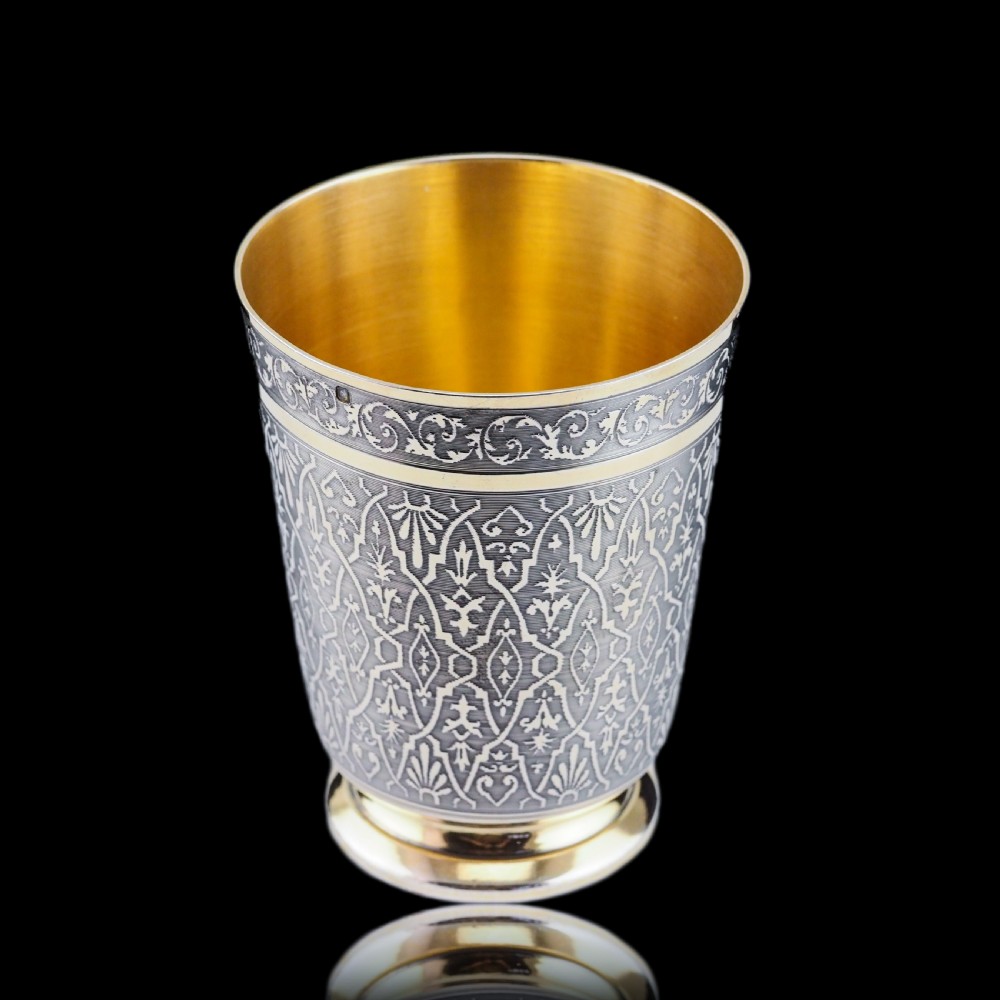Antique French Solid Silver Parcel Gilt Beaker Cup, Engine Turned & Engraved 19th c. View XII