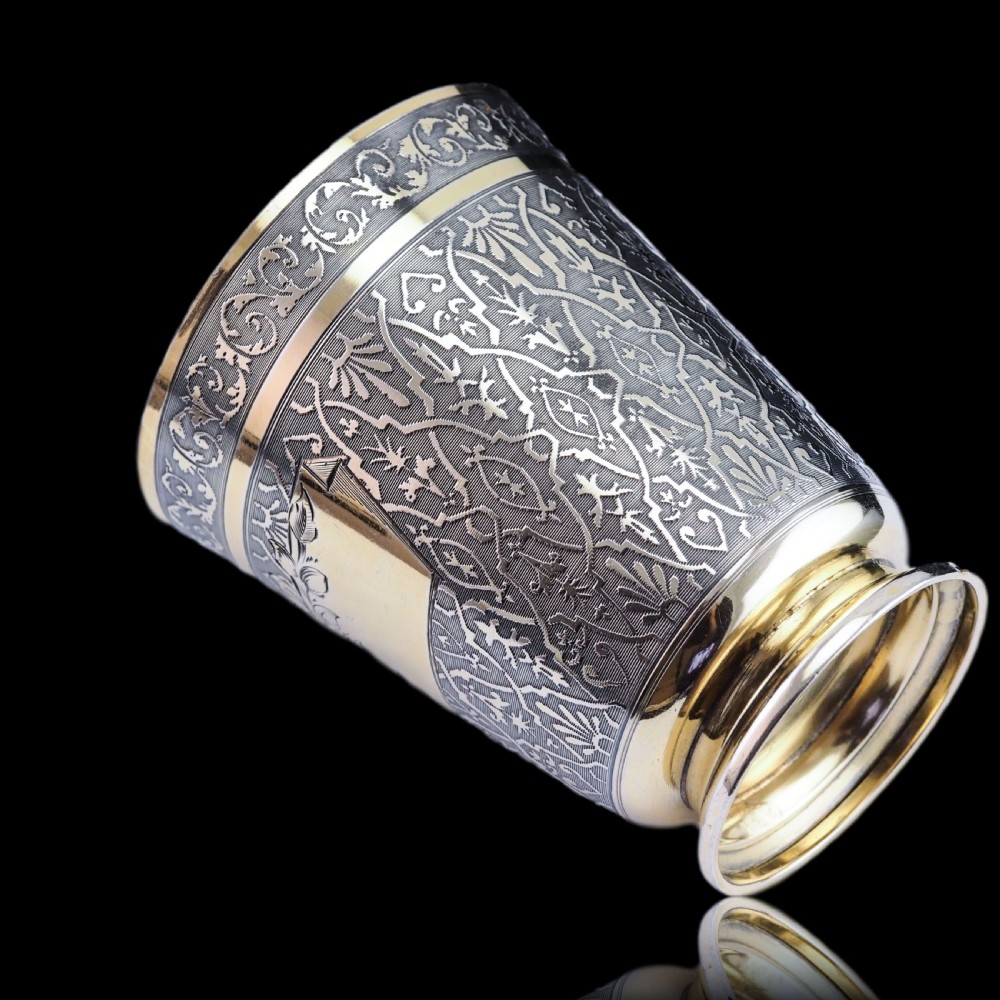 Antique French Solid Silver Parcel Gilt Beaker Cup, Engine Turned & Engraved 19th c. View XV