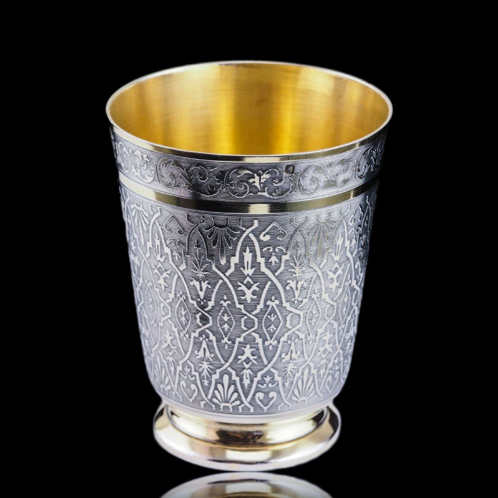 Antique French Solid Silver Parcel Gilt Beaker Cup, Engine Turned & Engraved 19th c. View XVIII