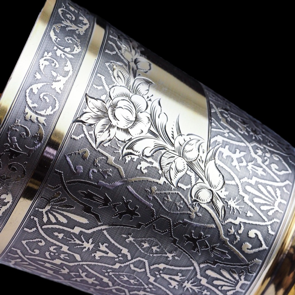 Antique French Solid Silver Parcel Gilt Beaker Cup, Engine Turned & Engraved 19th c. View XXI