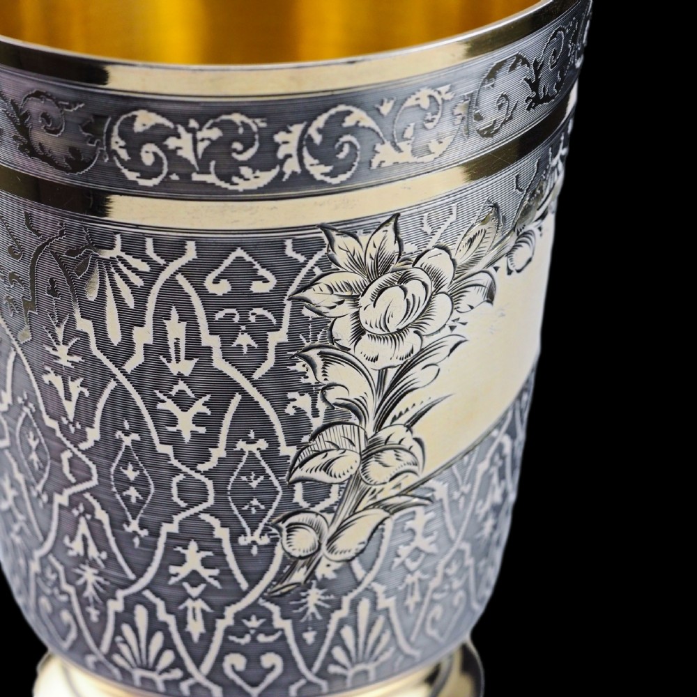 Antique French Solid Silver Parcel Gilt Beaker Cup, Engine Turned & Engraved 19th c. View XXII