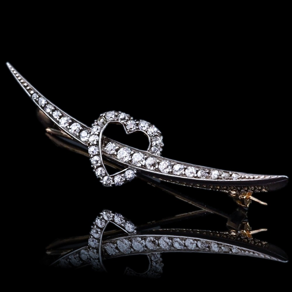 Antique Victorian Diamond Heart & Crescent Brooch 14K Gold - c.1900