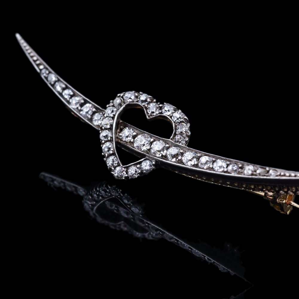 Antique Victorian Diamond Heart & Crescent Brooch 14K Gold - c.1900 View III
