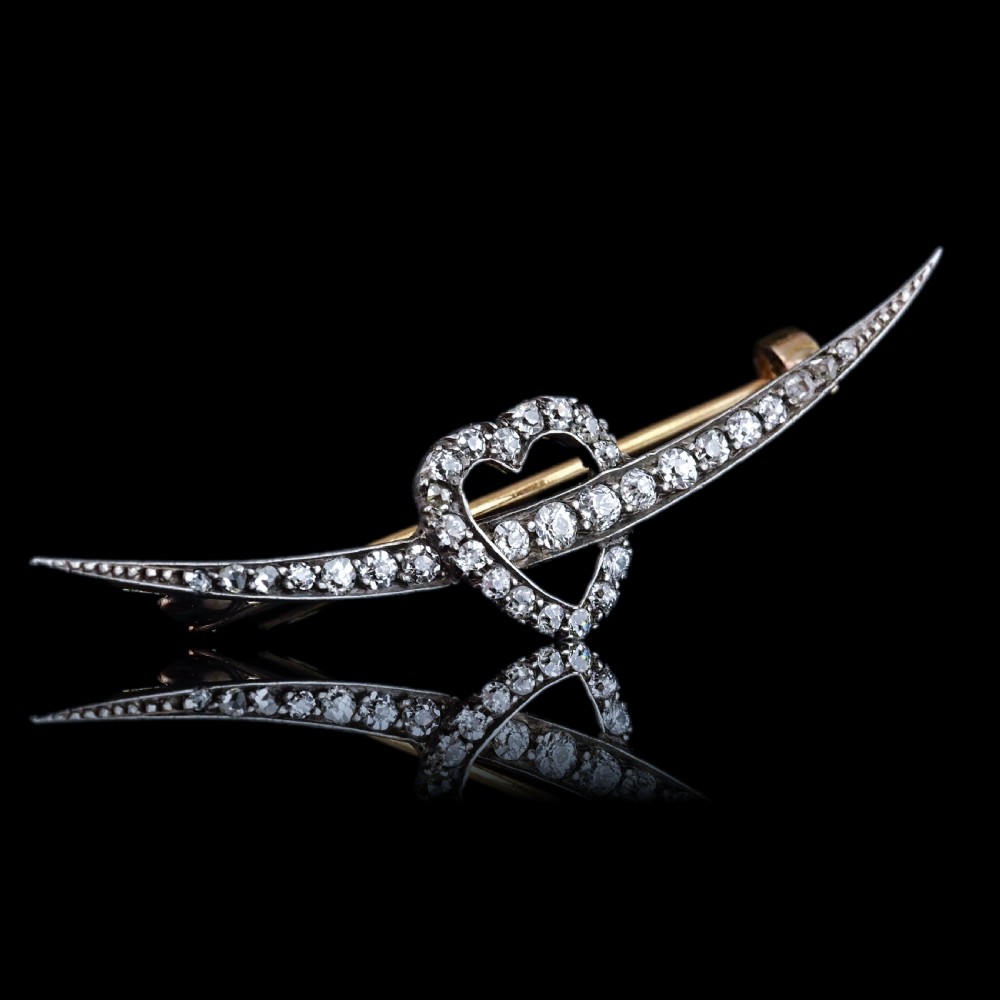 Antique Victorian Diamond Heart & Crescent Brooch 14K Gold - c.1900 View V