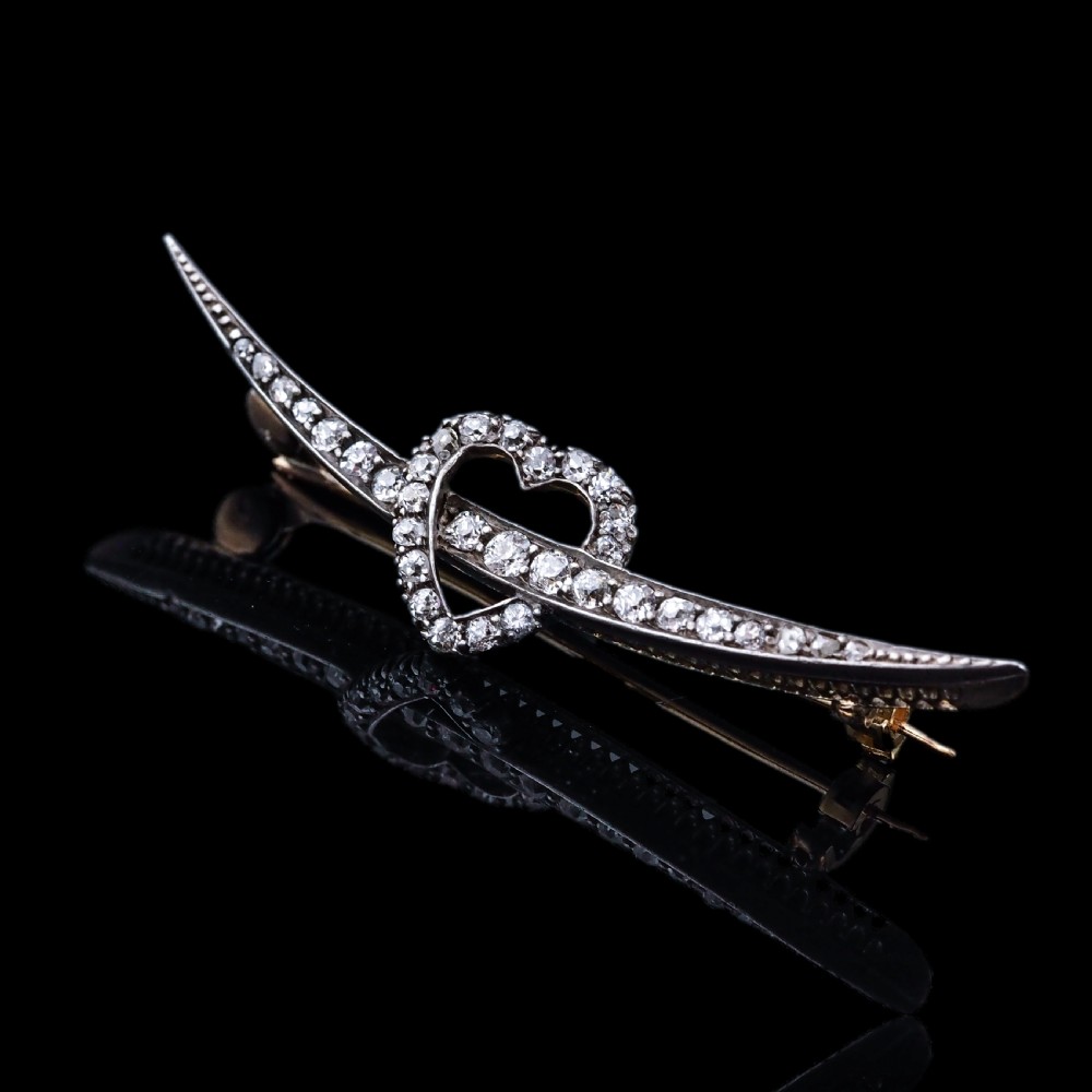 Antique Victorian Diamond Heart & Crescent Brooch 14K Gold - c.1900 View VII