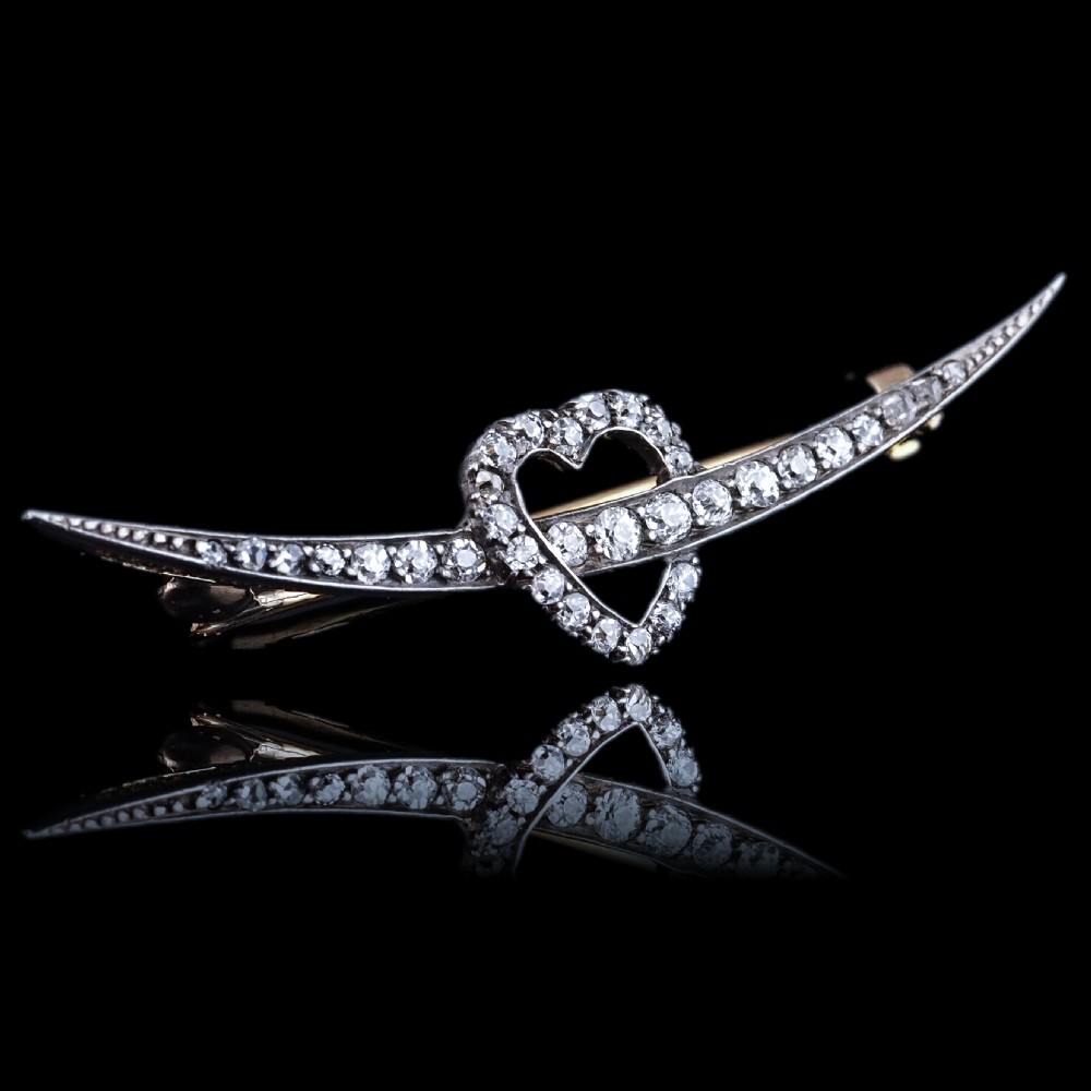 Antique Victorian Diamond Heart & Crescent Brooch 14K Gold - c.1900 View IX