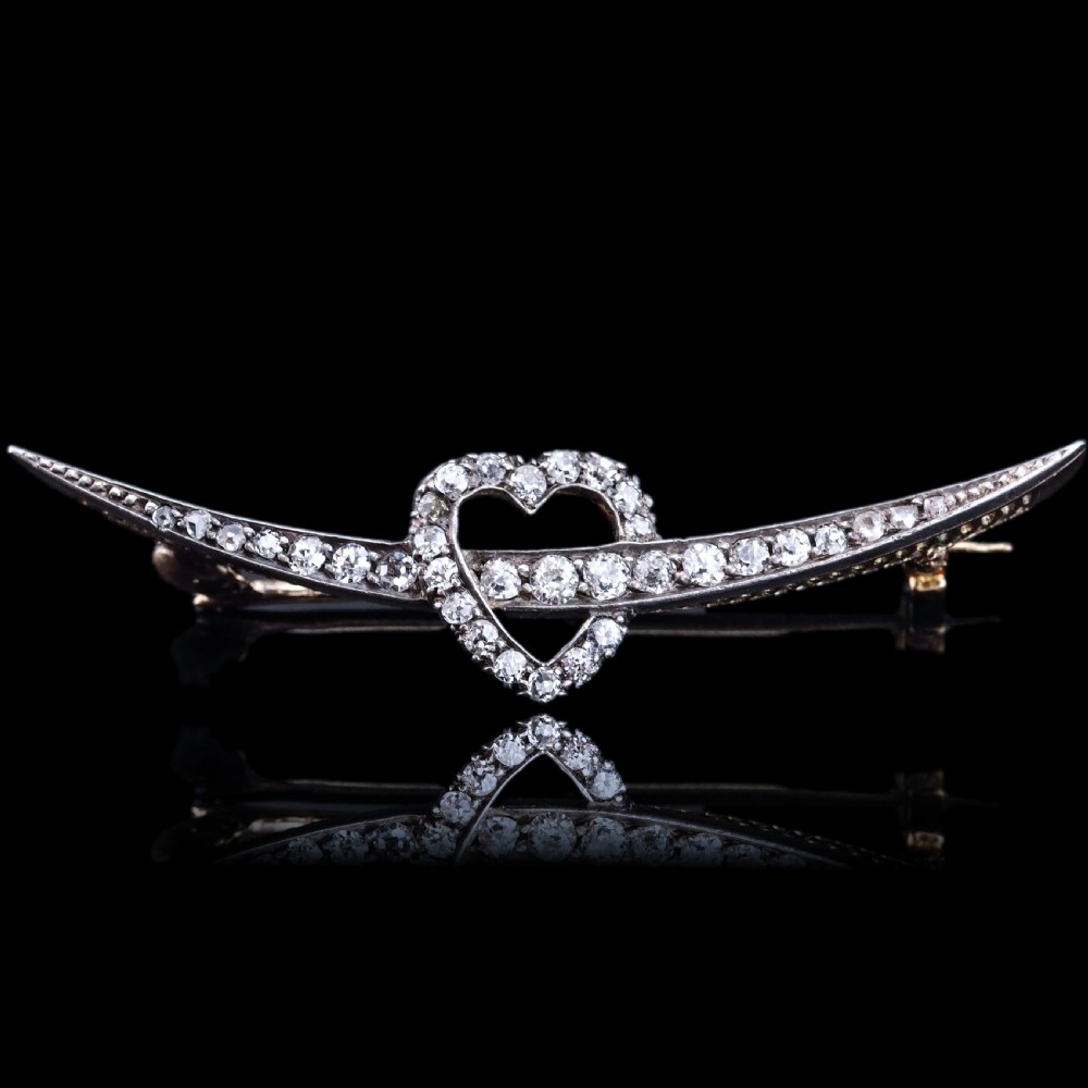 Antique Victorian Diamond Heart & Crescent Brooch 14K Gold - c.1900 View X