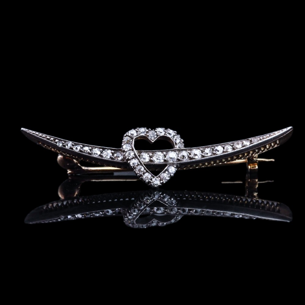 Antique Victorian Diamond Heart & Crescent Brooch 14K Gold - c.1900 View XI