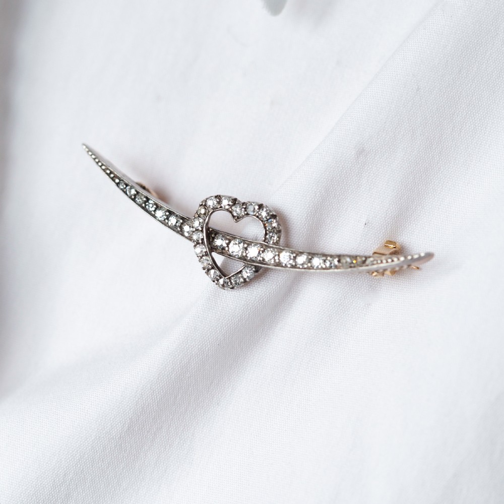 Antique Victorian Diamond Heart & Crescent Brooch 14K Gold - c.1900 View XII