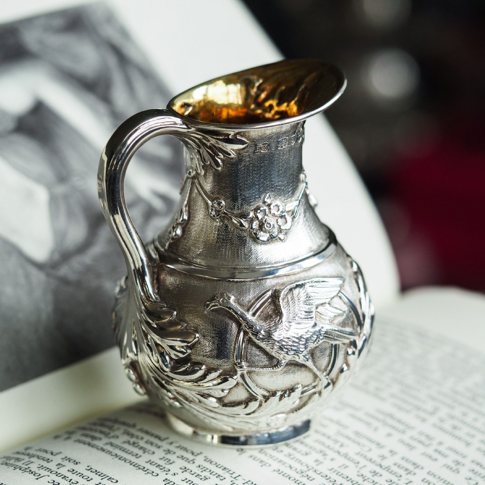 Antique Victorian Solid Silver Milk Pitcher Jug with Ornate Chased Design - London 1863